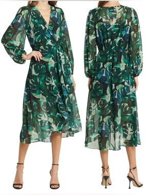 NWT Sam Edelman Women’s Monstera Print Long Sleeve Midi Wrap Dress - size 10